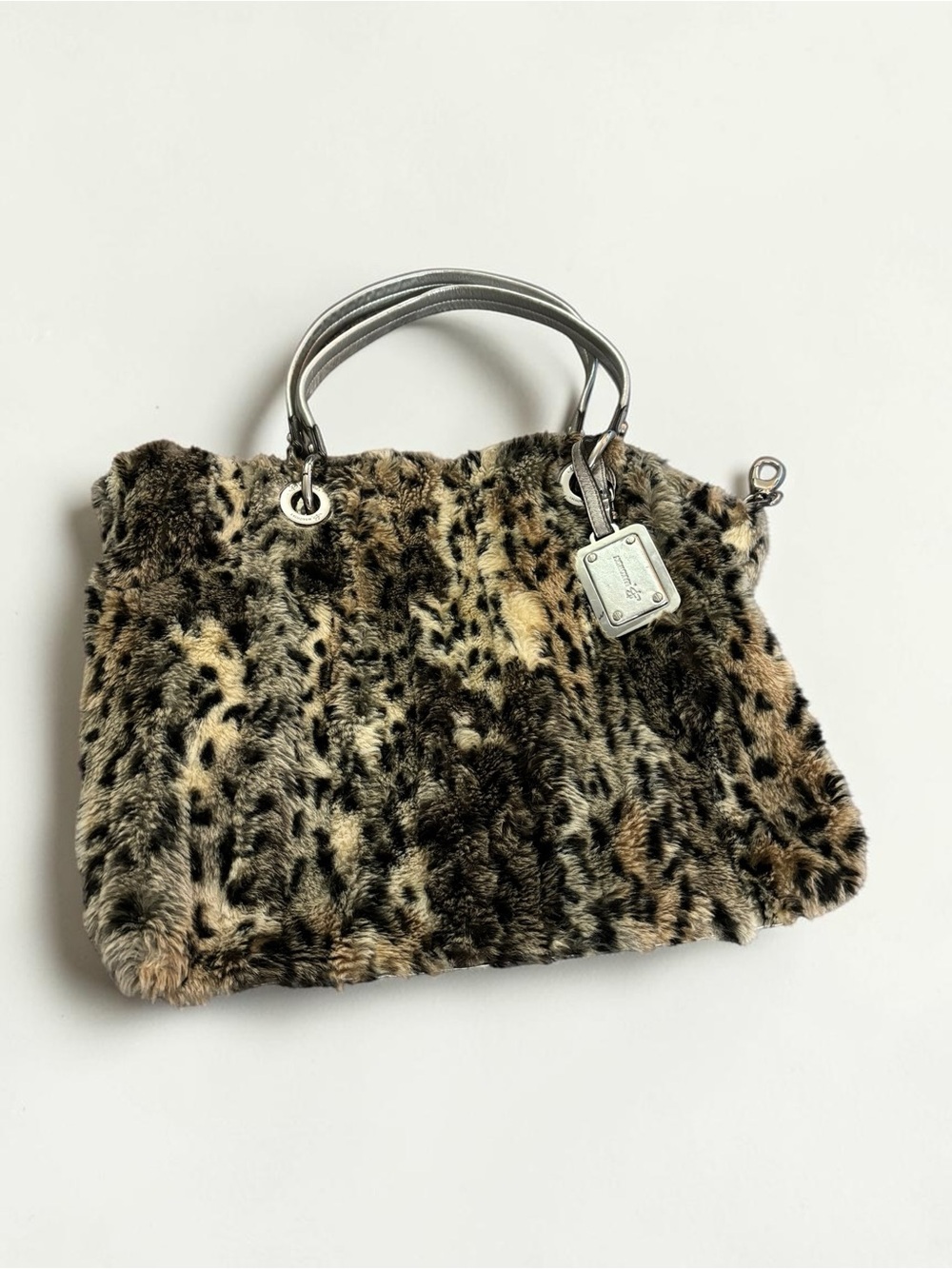Y2K B. Makowsky Leopard Faux Fur Leather Trim Oversized Purse Shoulder Tote Bag
